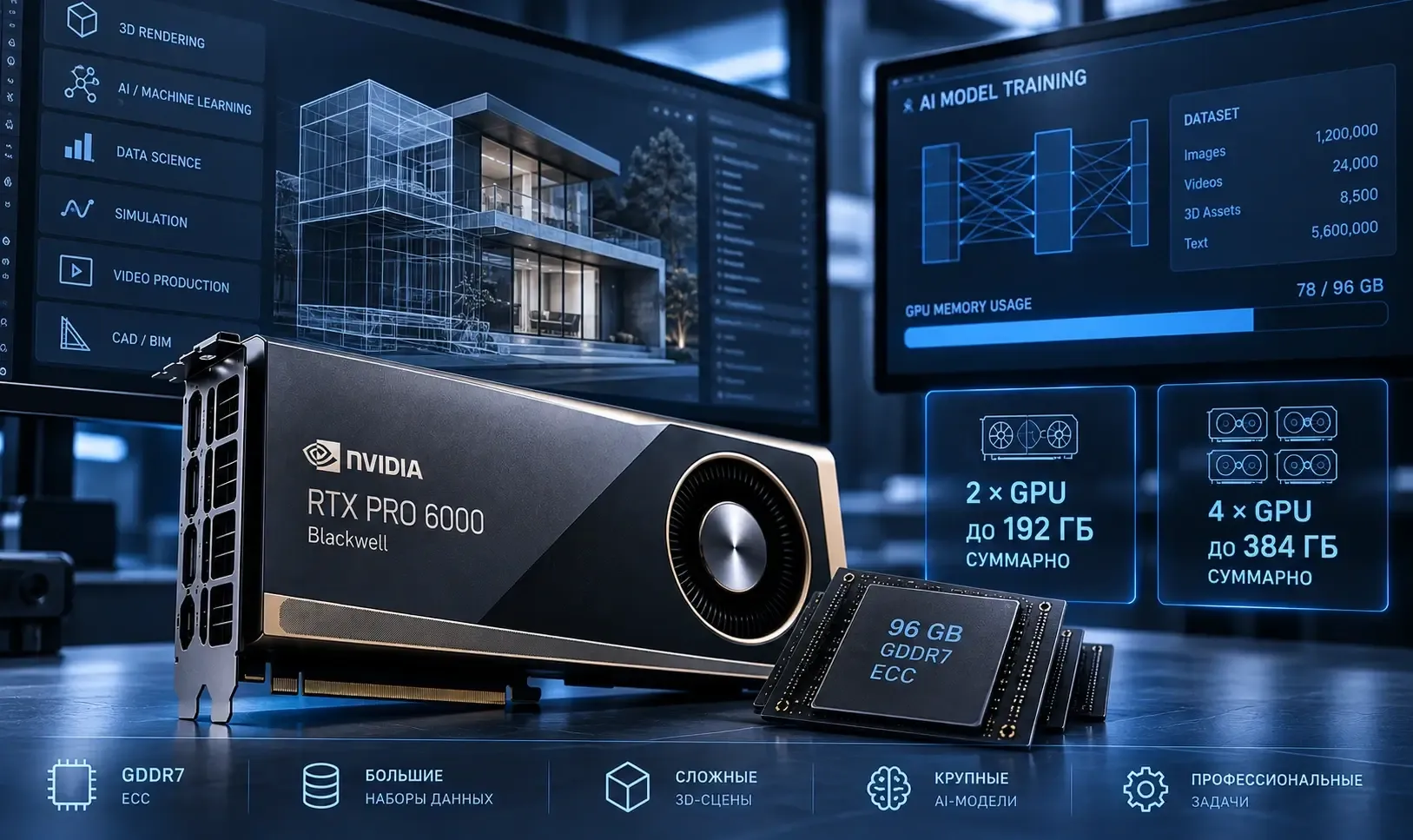 96 ГБ на GPU для больших моделей и сцен